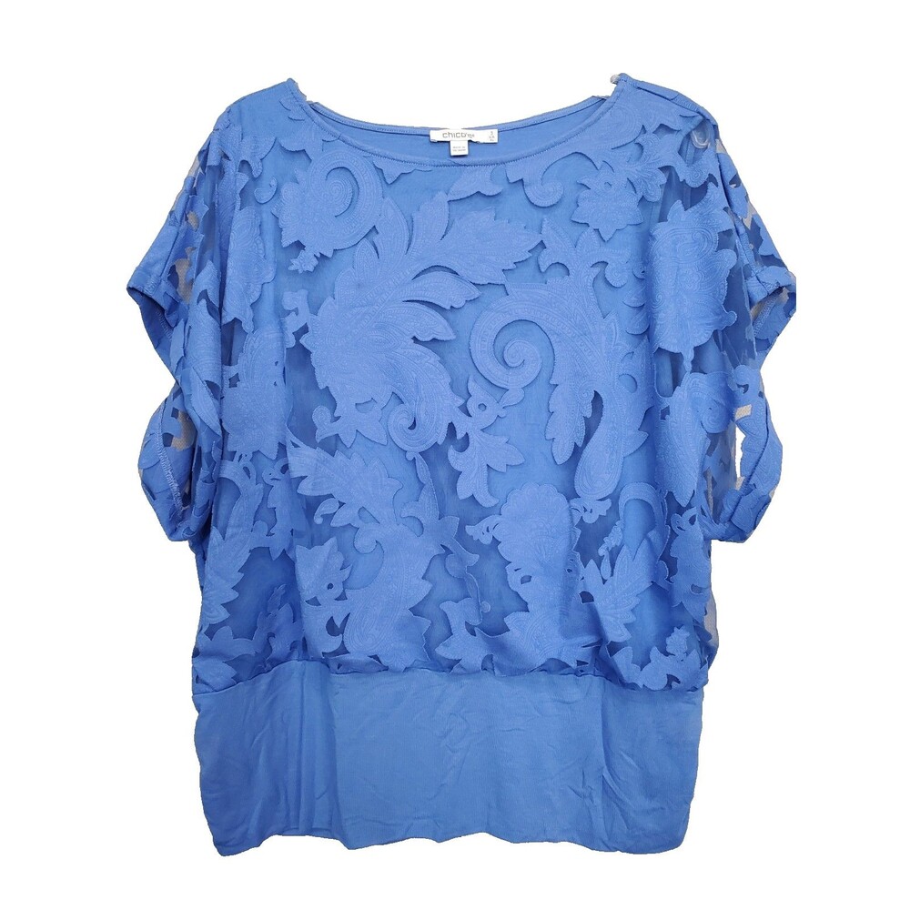 Chico's Blue Floral Burnout Banded-Hem Top Size 3 (XL)